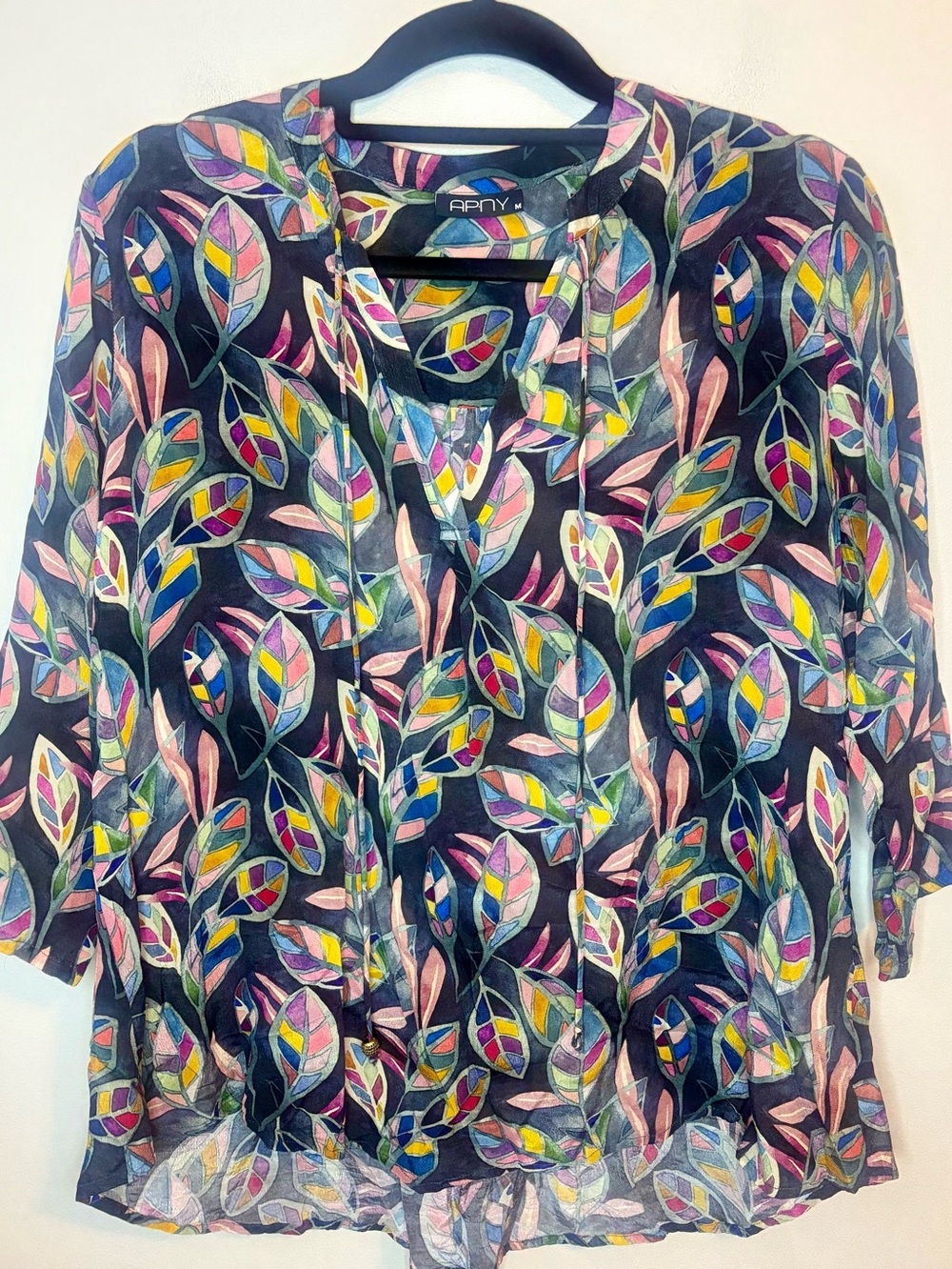 APNY Blouse Womens M Cupro Viscose Multicolor Leaf Print Tie Neck Boho